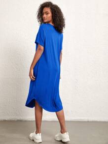 SHEIN BASICS Solid Curved Hem Tee Dress - Royal Blue - View 2