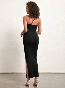 SHEIN BASICS Vestido de un hombro de muslo con abertura - Negro - Ver 2