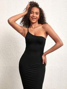 SHEIN BASICS Vestido de un hombro de muslo con abertura - Negro - Ver 5