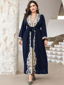 Al Najma Plus Graphic Print Belted Abaya Set - Navy Blue - View 1