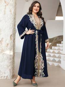 Al Najma Plus Graphic Print Belted Abaya Set - Navy Blue - View 4