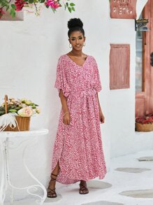Leopard Batwing Sleeve Split Hem Cover Up Dress - Pink - View 3