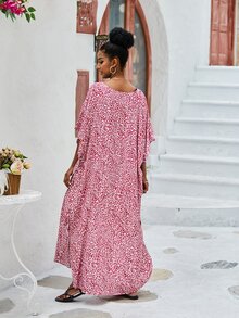 Leopard Batwing Sleeve Split Hem Cover Up Dress - Pink - View 2