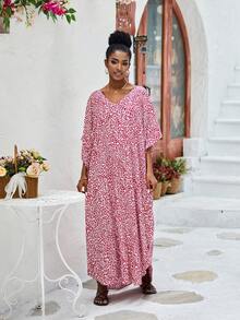 Leopard Batwing Sleeve Split Hem Cover Up Dress - Pink - View 4