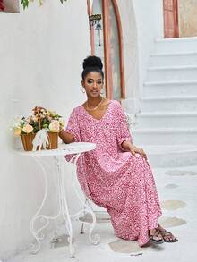 Leopard Batwing Sleeve Split Hem Cover Up Dress - Pink - View 5