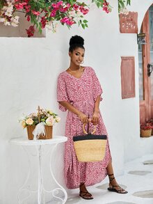 Leopard Batwing Sleeve Split Hem Cover Up Dress - Pink - View 6