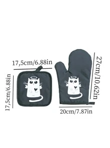 2入組卡通圖案烤箱手套廚房烘焙用耐熱聚酯烤箱手套 - 黑與白 - 查看 2