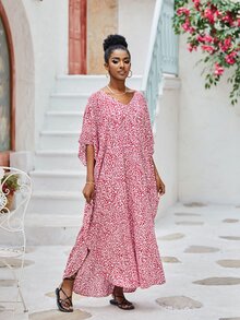 Leopard Batwing Sleeve Split Hem Cover Up Dress - Pink - View 7