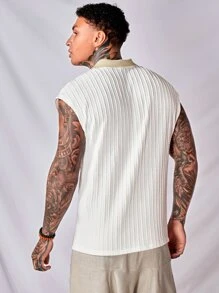 Manfinity VCAY 男士條紋針織拼接領POLO衫 - 白色 - 查看 2