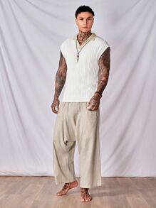 Manfinity VCAY 男士條紋針織拼接領POLO衫 - 白色 - 查看 5