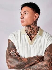 Manfinity VCAY 男士條紋針織拼接領POLO衫 - 白色 - 查看 3