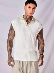 Manfinity VCAY 男士條紋針織拼接領POLO衫 - 白色 - 查看 4