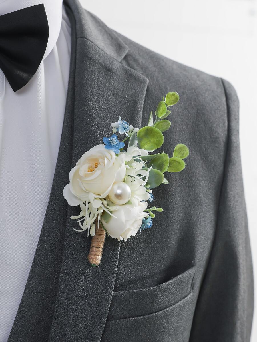 珍珠和花朵裝飾胸花 - 彩色 - 查看 1