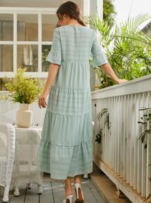 Seusyu Striped Notched Neck Flounce Sleeve Ruffle Hem Smock Dress - Mint Green - View 2