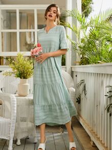 Seusyu Striped Notched Neck Flounce Sleeve Ruffle Hem Smock Dress - Mint Green - View 4