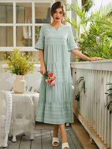 Seusyu Striped Notched Neck Flounce Sleeve Ruffle Hem Smock Dress - Mint Green - View 5