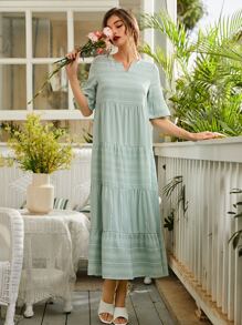 Seusyu Striped Notched Neck Flounce Sleeve Ruffle Hem Smock Dress - Mint Green - View 7