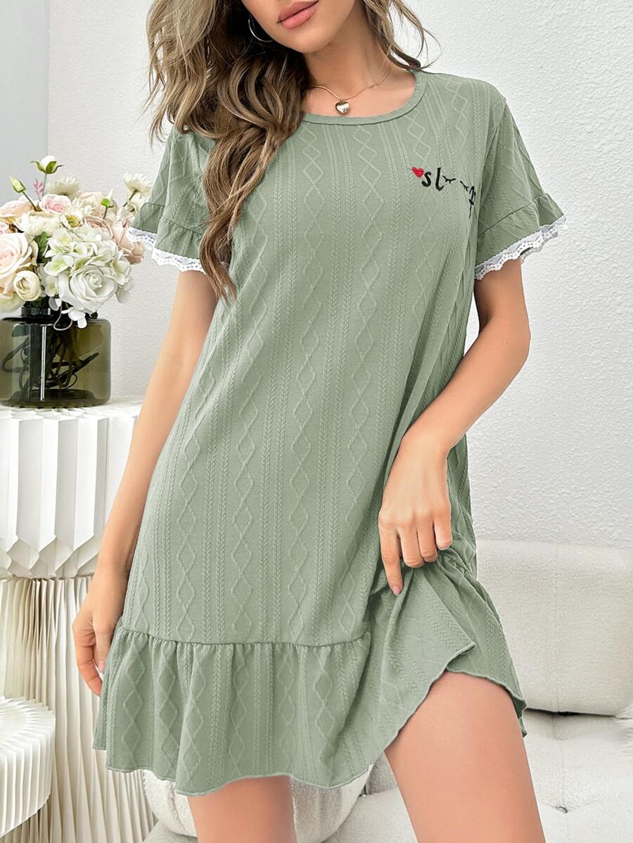 Letter Embroidery Ruffle Hem Pajama Nightdress - Mint Green - View 1