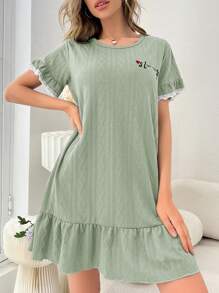 Letter Embroidery Ruffle Hem Pajama Nightdress - Mint Green - View 3