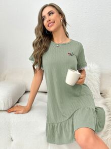 Letter Embroidery Ruffle Hem Pajama Nightdress - Mint Green - View 5