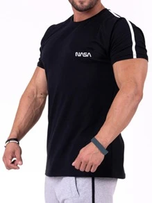 Manfinity Running Men Letter Graphic Contrast Tape Sports Tee Workout Tops Compression Shirt Men - Black - View 1