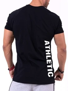 Manfinity Running Men Letter Graphic Contrast Tape Sports Tee Workout Tops Compression Shirt Men - Black - View 2