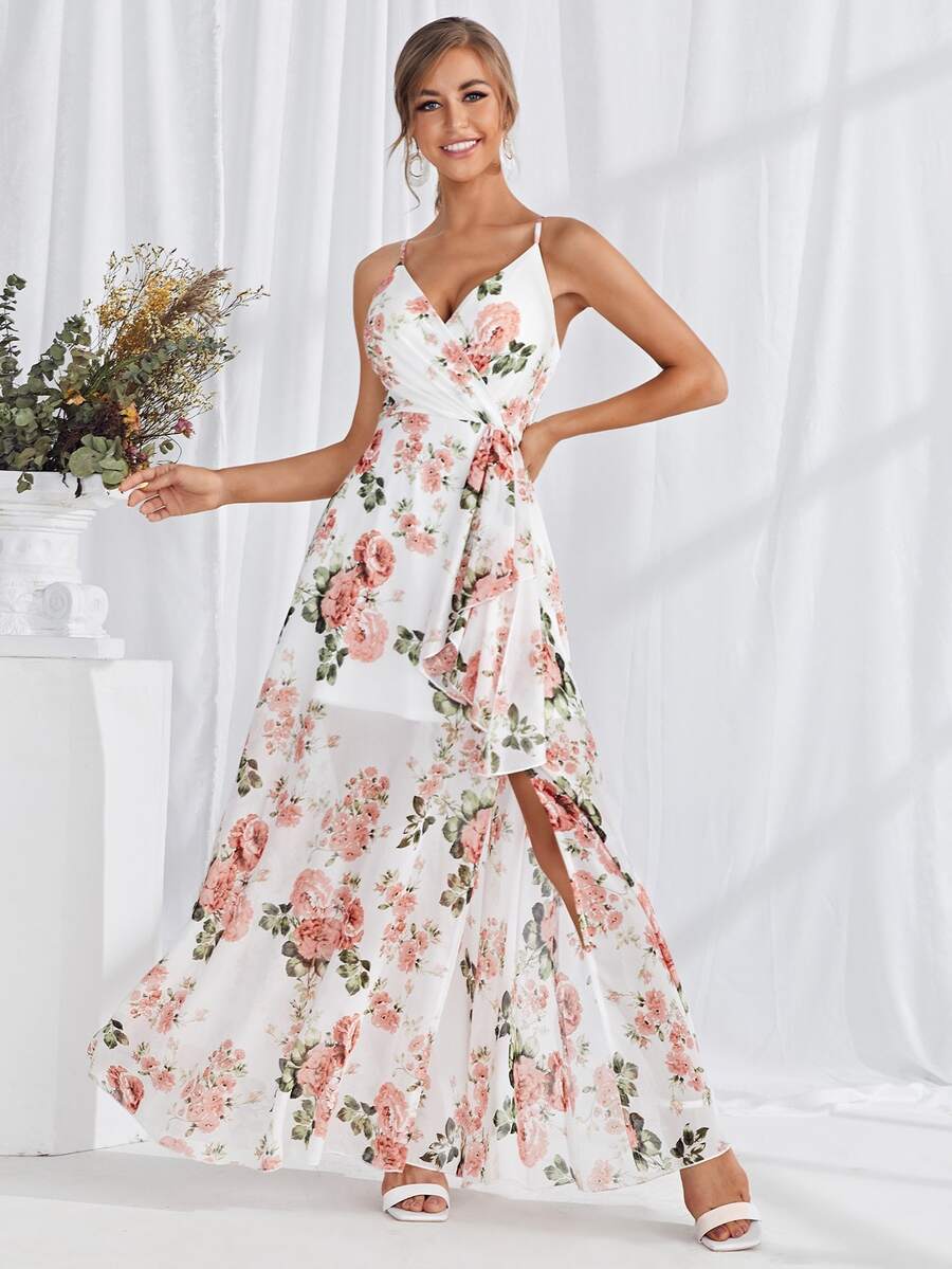 印花高衩腰帶吊帶連衣裙 - 白色 - 查看 1