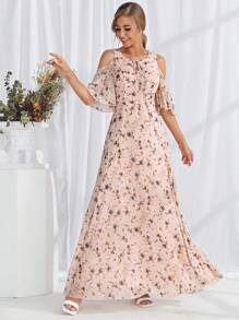 Floral Print Cold Shoulder Ruffle Trim Chiffon Bridesmaid Dress - Coral Pink - View 1