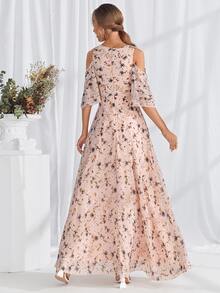 Floral Print Cold Shoulder Ruffle Trim Chiffon Bridesmaid Dress - Coral Pink - View 2