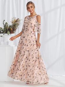 Floral Print Cold Shoulder Ruffle Trim Chiffon Bridesmaid Dress - Coral Pink - View 4