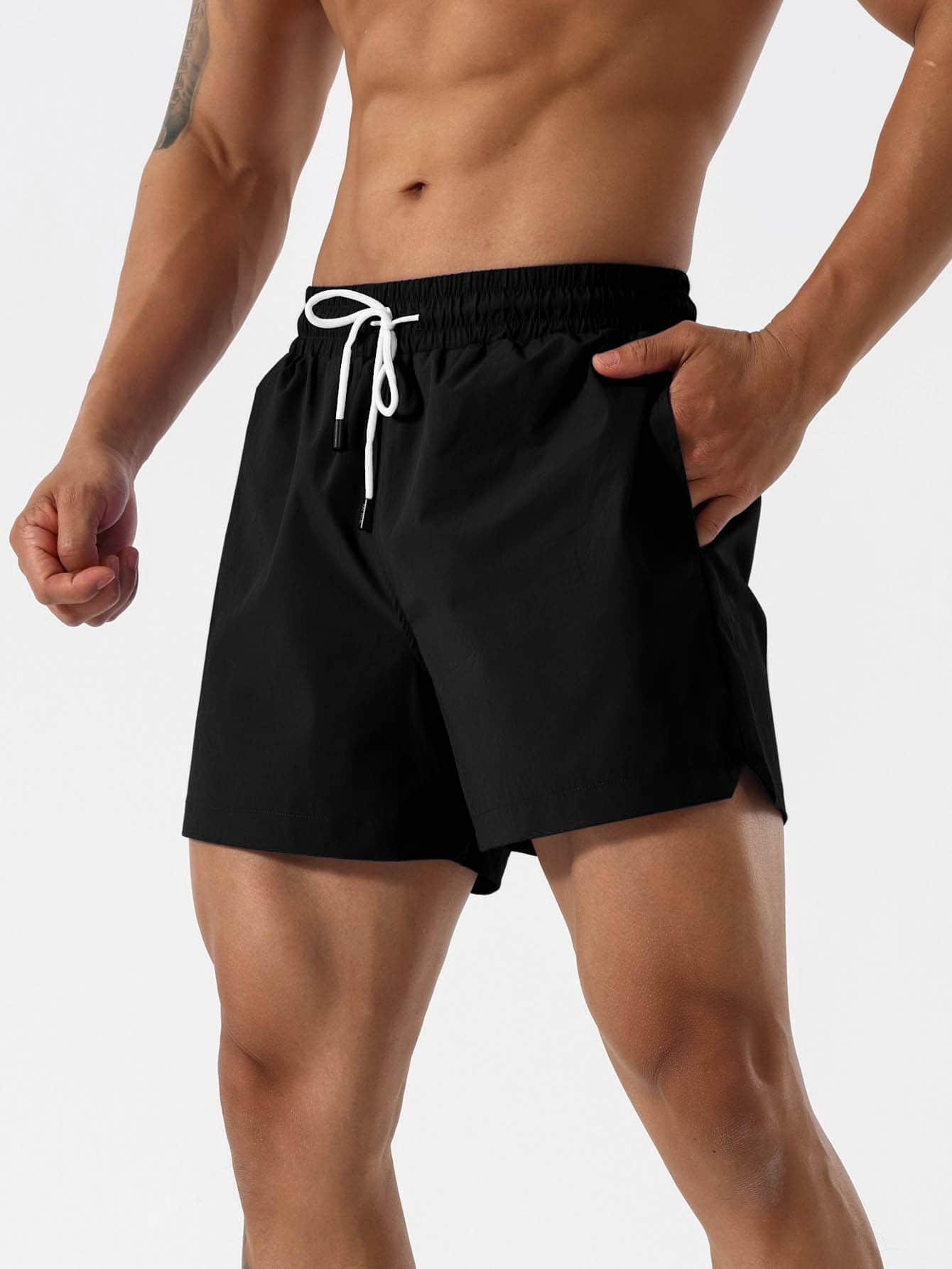 SHEIN Daily&Casual Men Drawstring Waist Slant Pocket Sports Shorts - Black - View 1