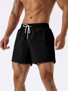 SHEIN Daily&Casual Men Drawstring Waist Slant Pocket Sports Shorts - Black - View 3