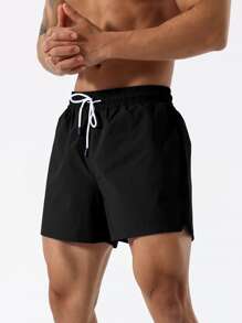 SHEIN Daily&Casual Men Drawstring Waist Slant Pocket Sports Shorts - Black - View 4