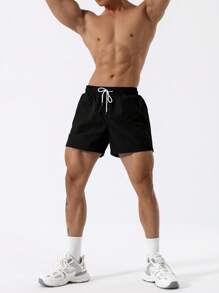 SHEIN Daily&Casual Men Drawstring Waist Slant Pocket Sports Shorts - Black - View 5