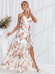 印花高衩腰帶吊帶連衣裙 - 白色 - 查看 3