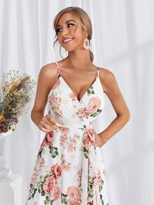 印花高衩腰帶吊帶連衣裙 - 白色 - 查看 4