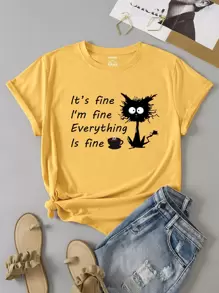 INAWLY Plus Cartoon And Slogan Graphic Tee It's Fine I'm Fine Everything Is Fine Graphic Tee, Women Top, Summer