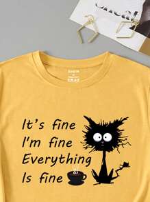 INAWLY Plus Cartoon And Slogan Graphic Tee It's Fine I'm Fine Everything Is Fine Graphic Tee, Women Top, Summer