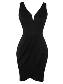 Đầm Bất đối xứng Dây kéo Trọn gói màu trơn Thanh lịch - màu đen - Xem 3