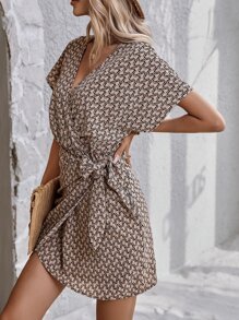 Breezaya Allover Print Batwing Sleeve Wrap Knot Side Dress