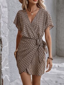 Breezaya Allover Print Batwing Sleeve Wrap Knot Side Dress