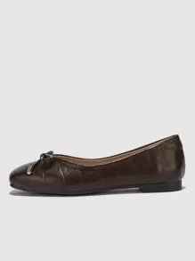 Elegant Brown Ballet Shoes For Women, Crocodile Embossed Bow Decor Square Toe Flats
