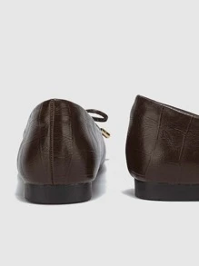 Elegant Brown Ballet Shoes For Women, Crocodile Embossed Bow Decor Square Toe Flats