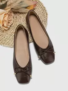 Elegant Brown Ballet Shoes For Women, Crocodile Embossed Bow Decor Square Toe Flats
