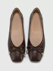 Elegant Brown Ballet Shoes For Women, Crocodile Embossed Bow Decor Square Toe Flats