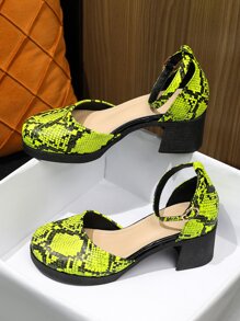 女士蛇皮壓花粗跟淺口皮鞋,前衛踝帶高跟單鞋 - 彩色 - 查看 3