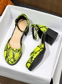 女士蛇皮壓花粗跟淺口皮鞋,前衛踝帶高跟單鞋 - 彩色 - 查看 5