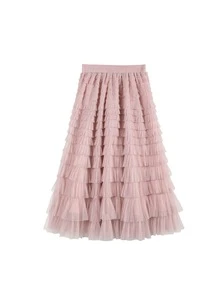 High-Waist A-Line Tulle Cake Skirt, Stylish & Graceful Mid-Length Cute Fairy Skirt - Dusty Pink - View 4