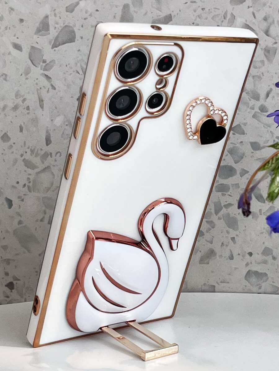 Funda de teléfono con baño de metal y diseño de cisne para el Día de San Valentín - Blanco - Ver 1