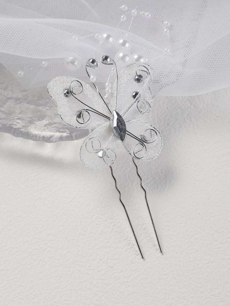 1入組女式人造珍珠和蝴蝶裝飾新娘髮夾用於裝飾 - 白色 - 查看 1